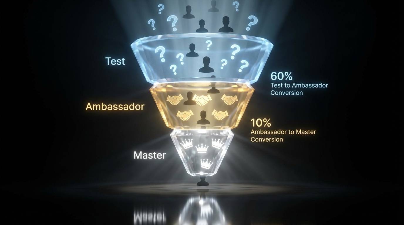 Creator collaboration funnel showing progression from test phase to master ambassador