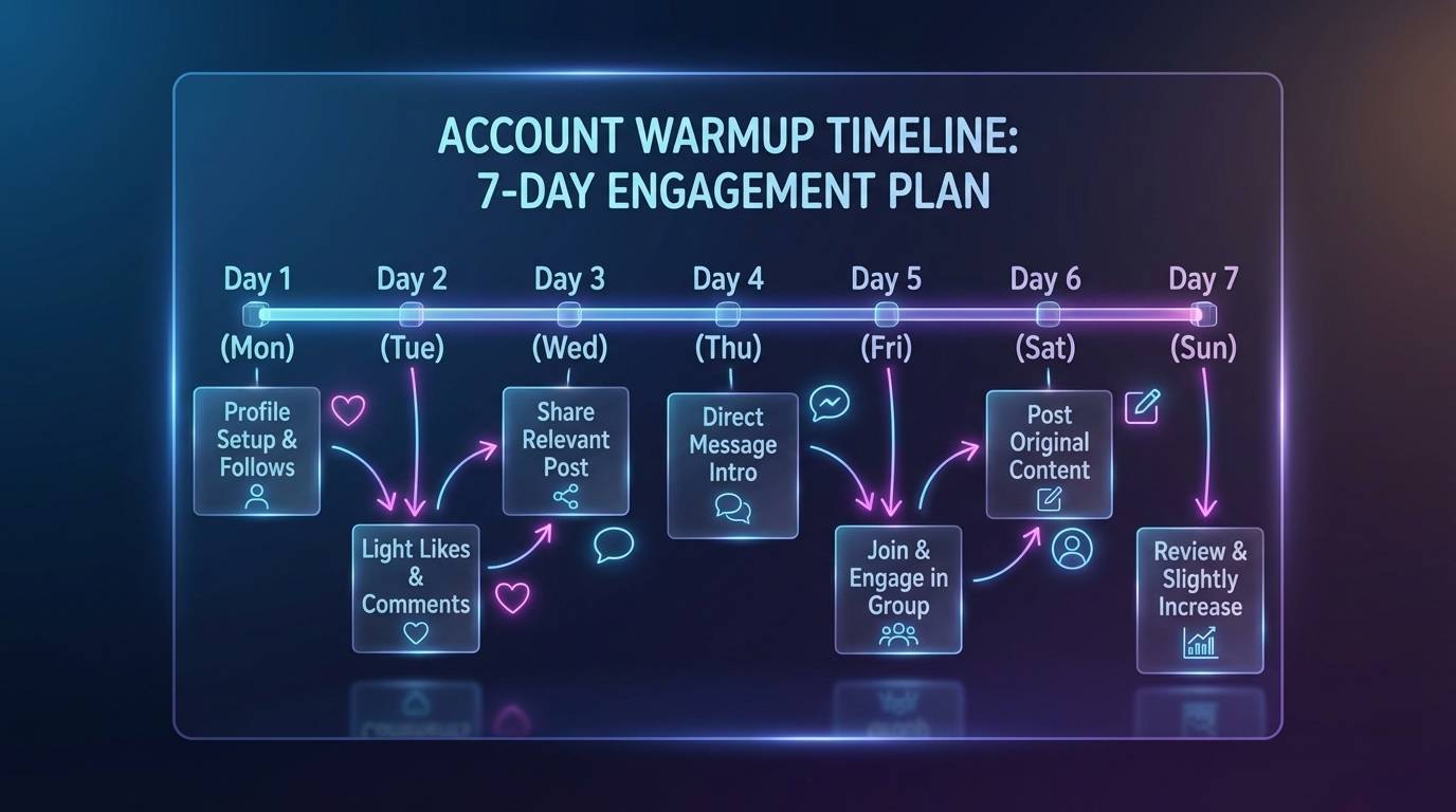 Account warmup timeline showing engagement activities over seven-day period