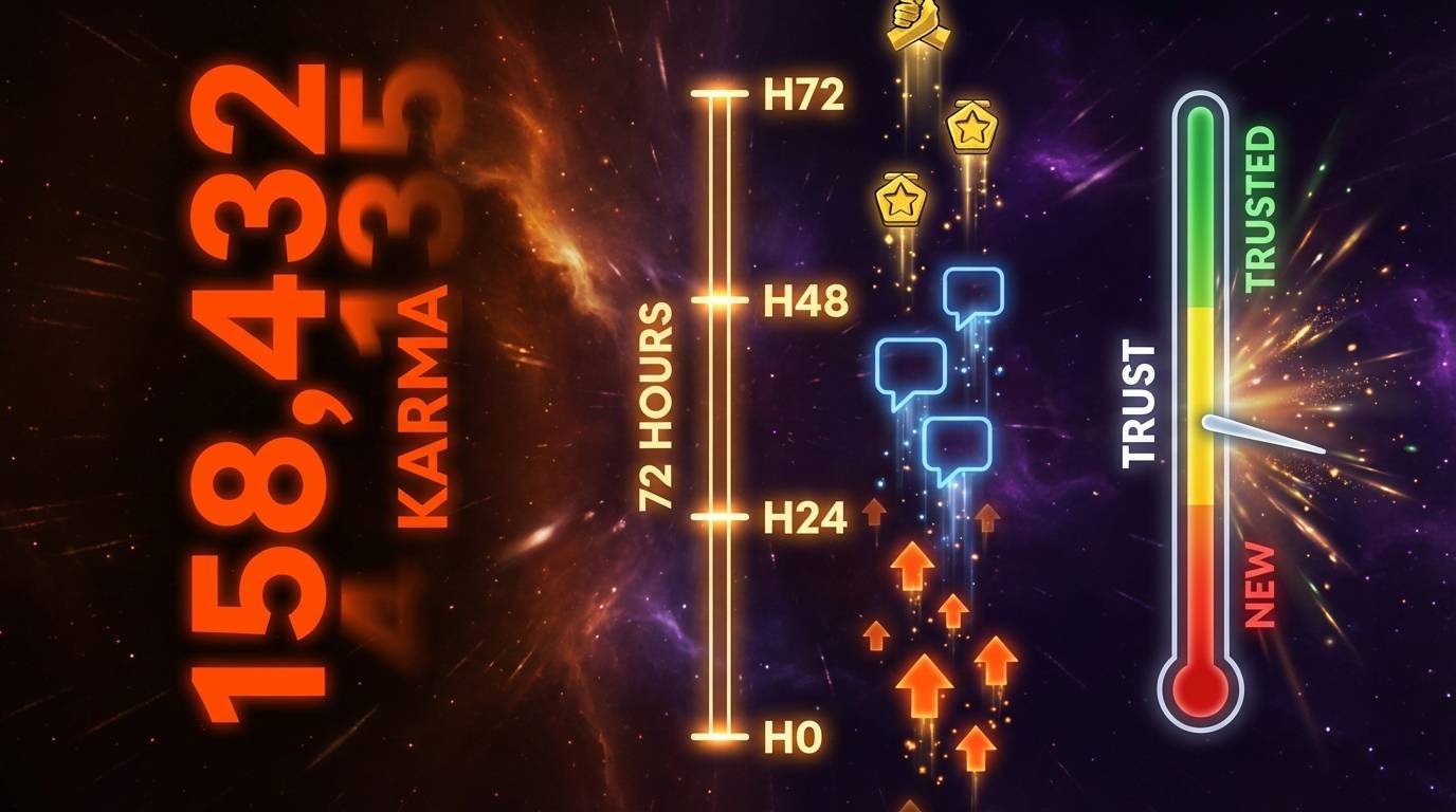 Reddit account warmup timeline showing karma accumulation through engagement activities