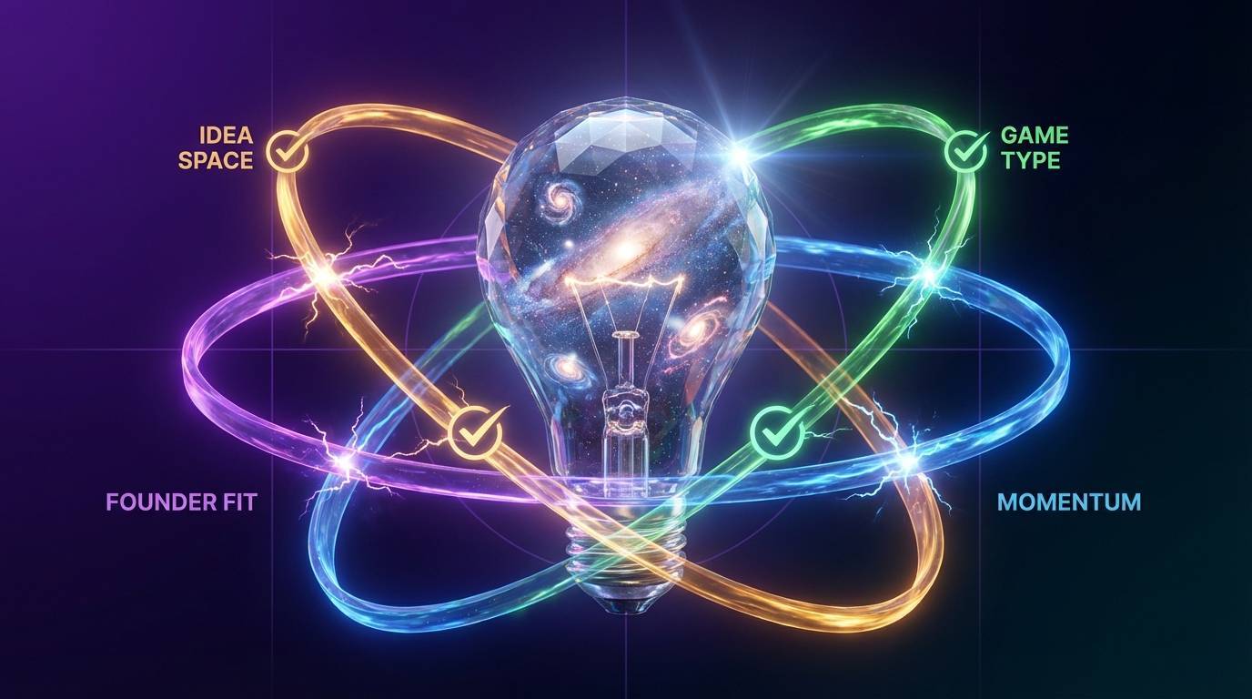 App idea evaluation framework showing interconnected elements of idea space, game type, and momentum