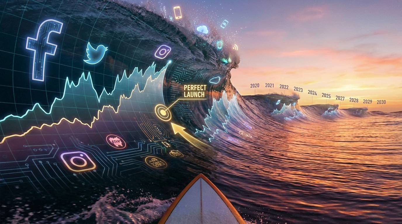 Market momentum wave showing optimal timing for app launch within trend cycles