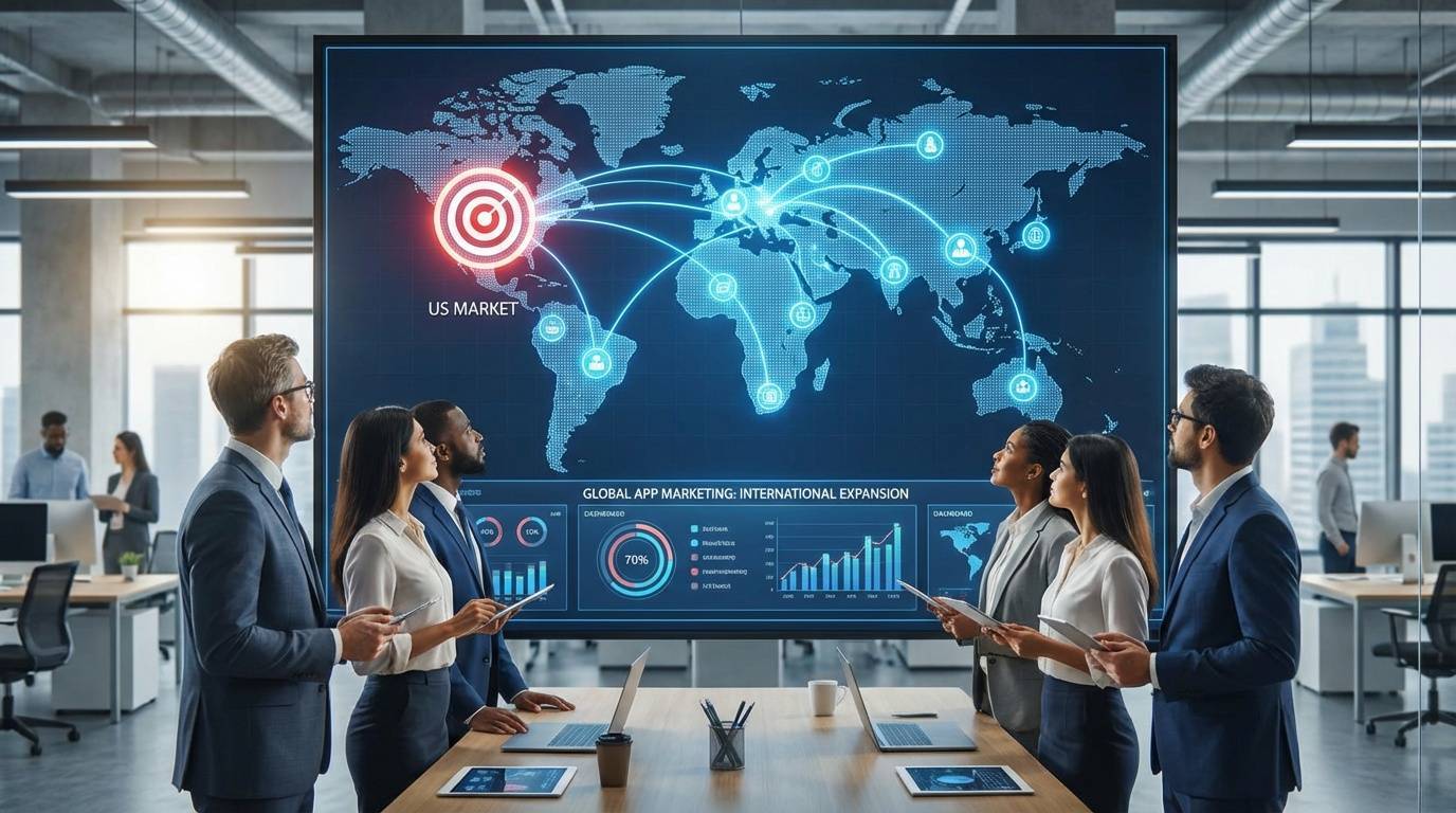 Global app marketing visualization showing international expansion into the US market