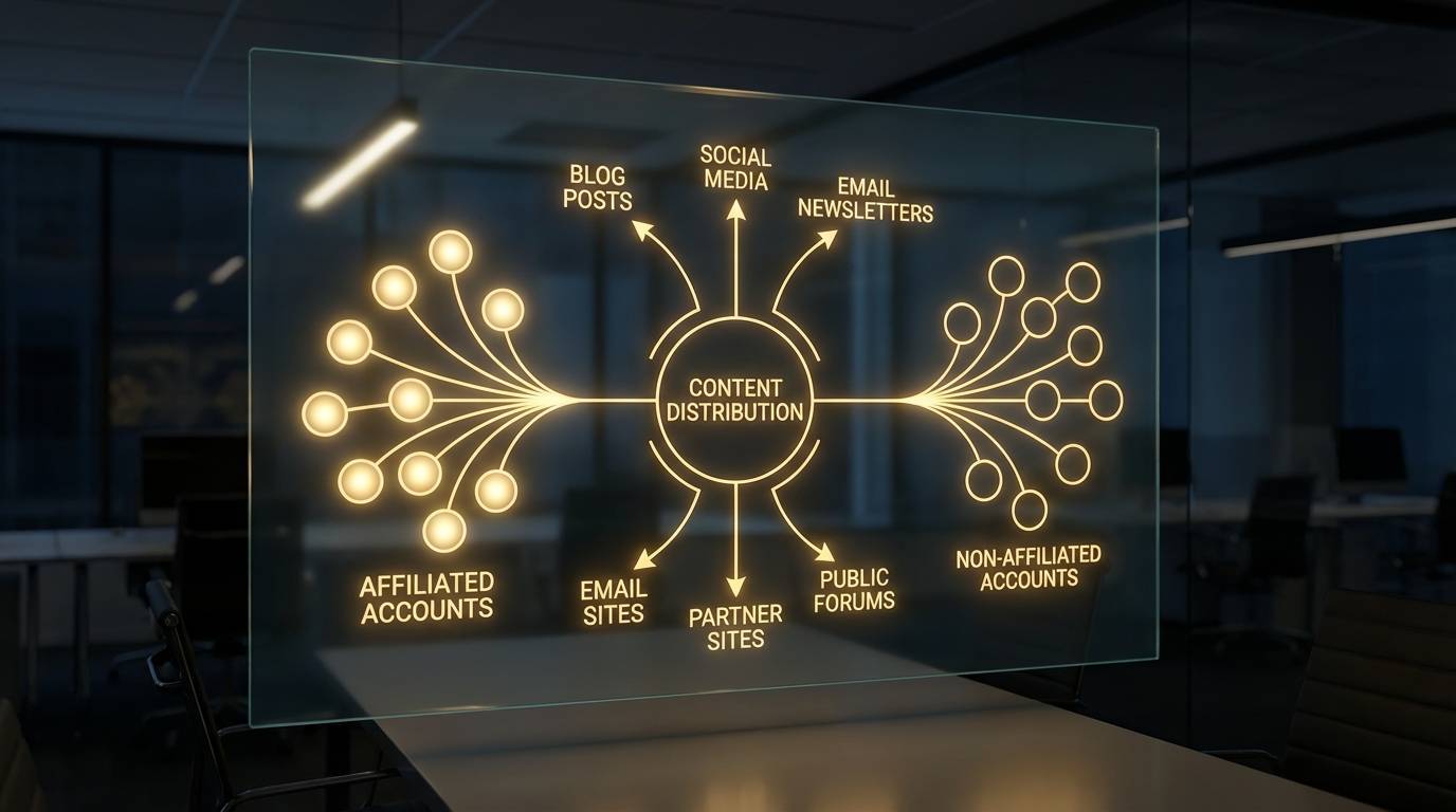 Multi-account strategy diagram showing affiliated and non-affiliated accounts for content distribution