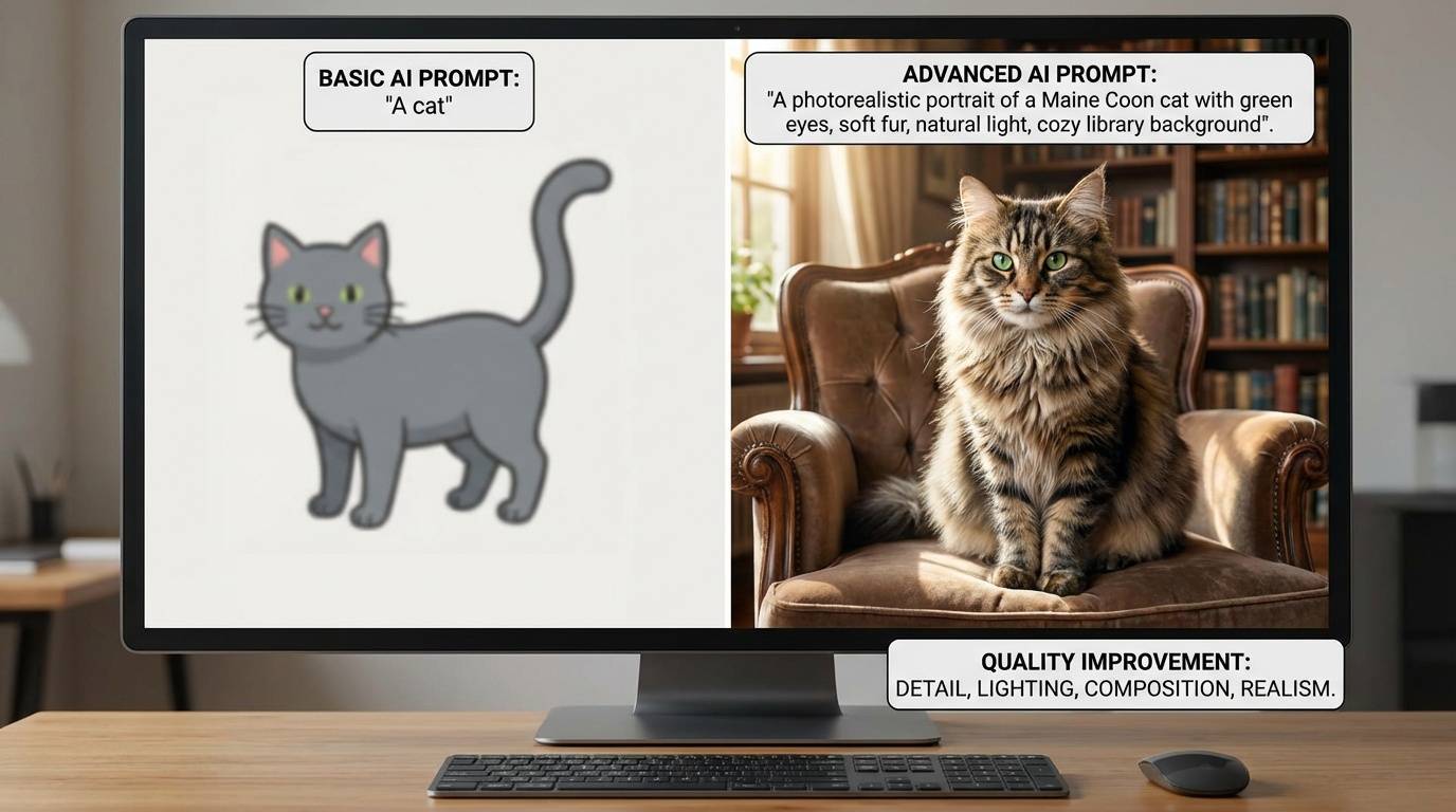 Comparison of basic versus advanced AI prompt results showing quality improvement