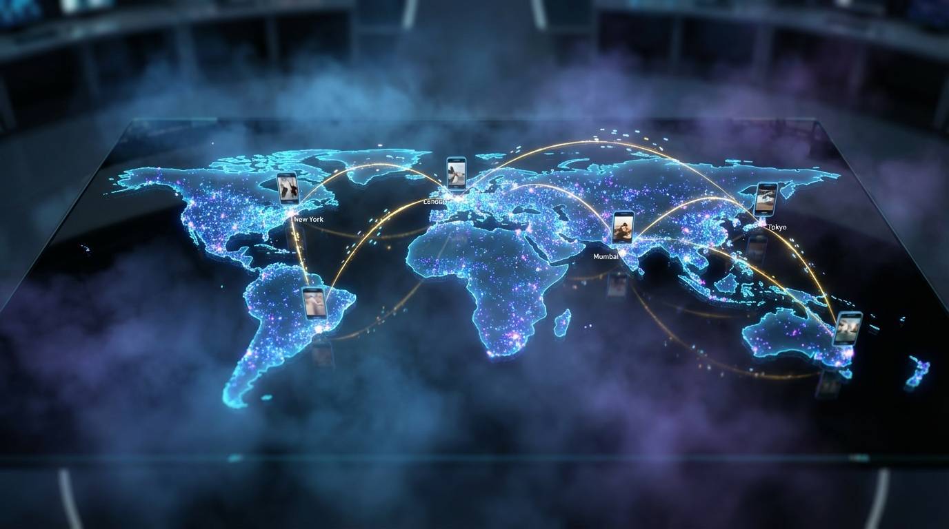 Global content distribution network visualization with interconnected nodes across world map
