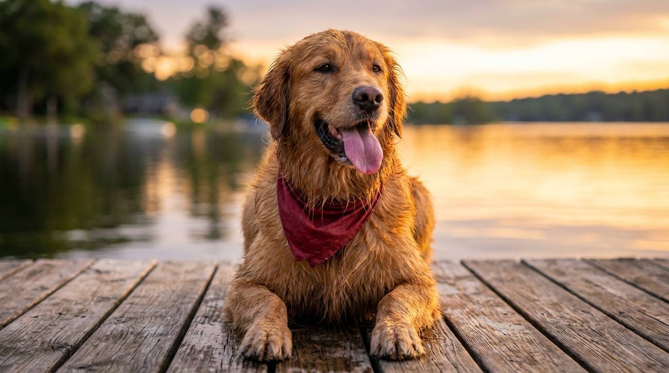 Golden retriever with wet fur and red bandana on wooden dock at sunset - example of specific subject prompting