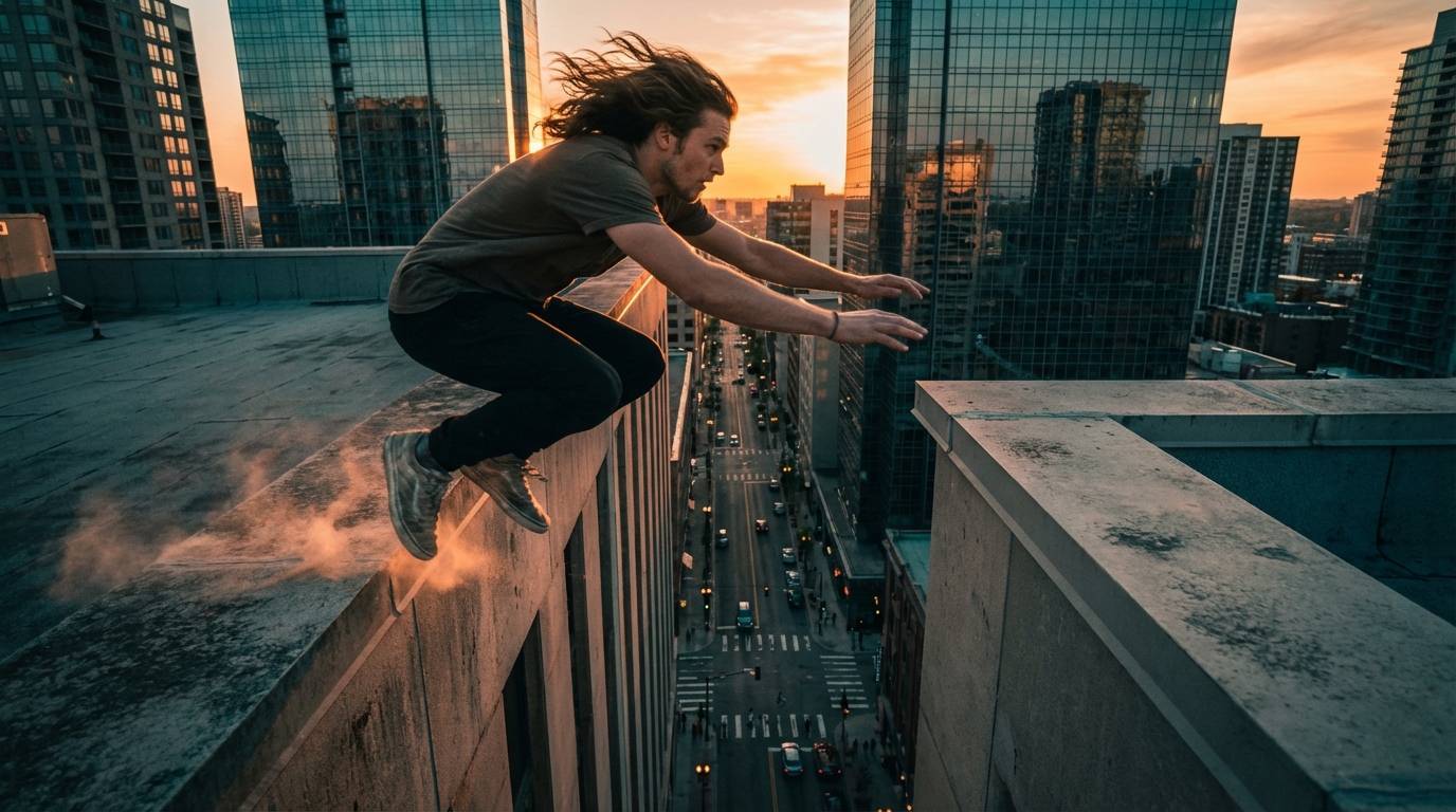 Parkour athlete mid-leap between rooftops showing dynamic action prompting