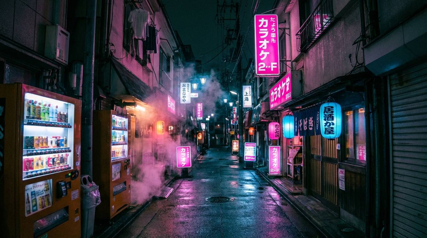 Neon-lit Tokyo back alley at night with wet reflective pavement - atmospheric location example