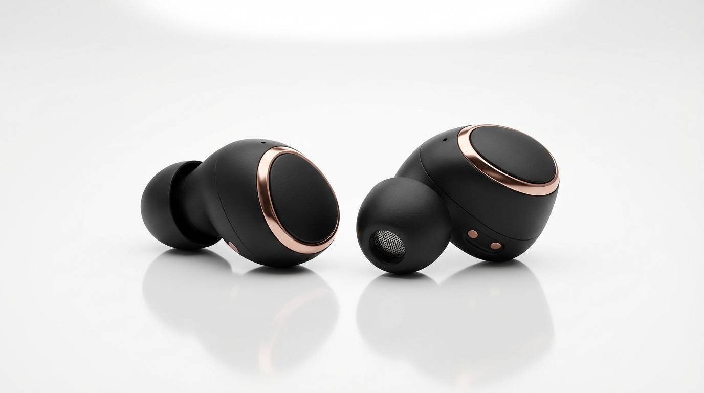 Professional product photography of wireless earbuds with rose gold accents