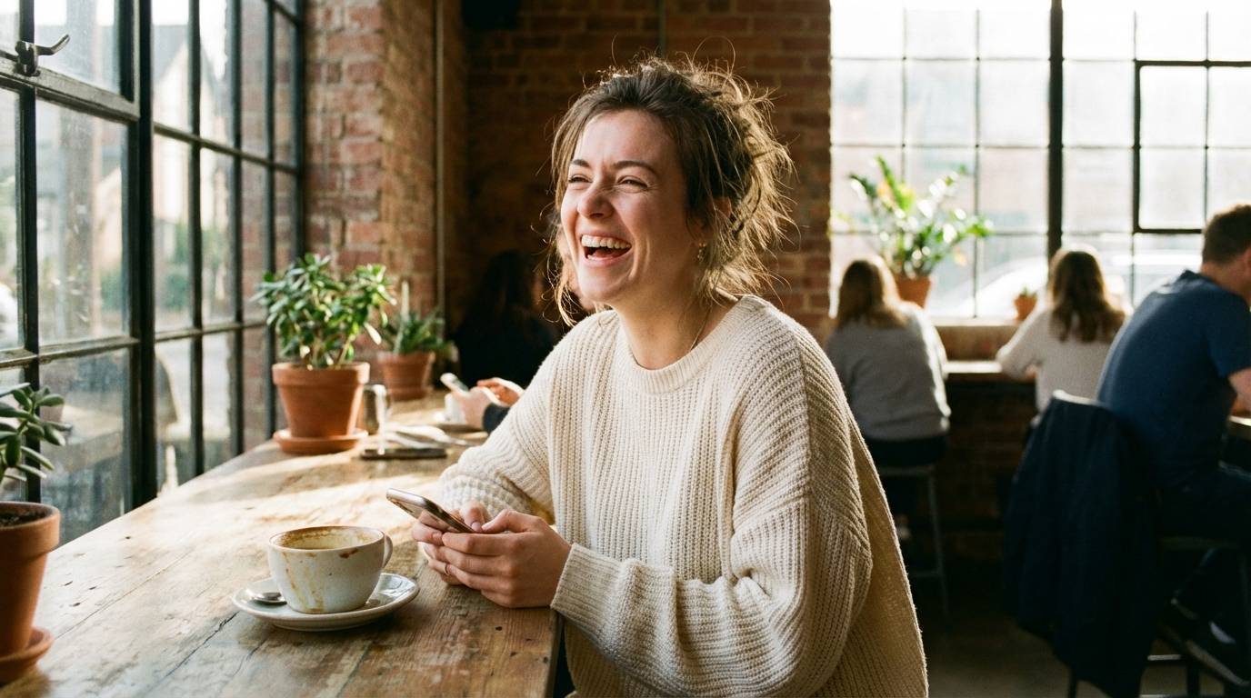 Lifestyle photography of woman in coffee shop checking phone and laughing