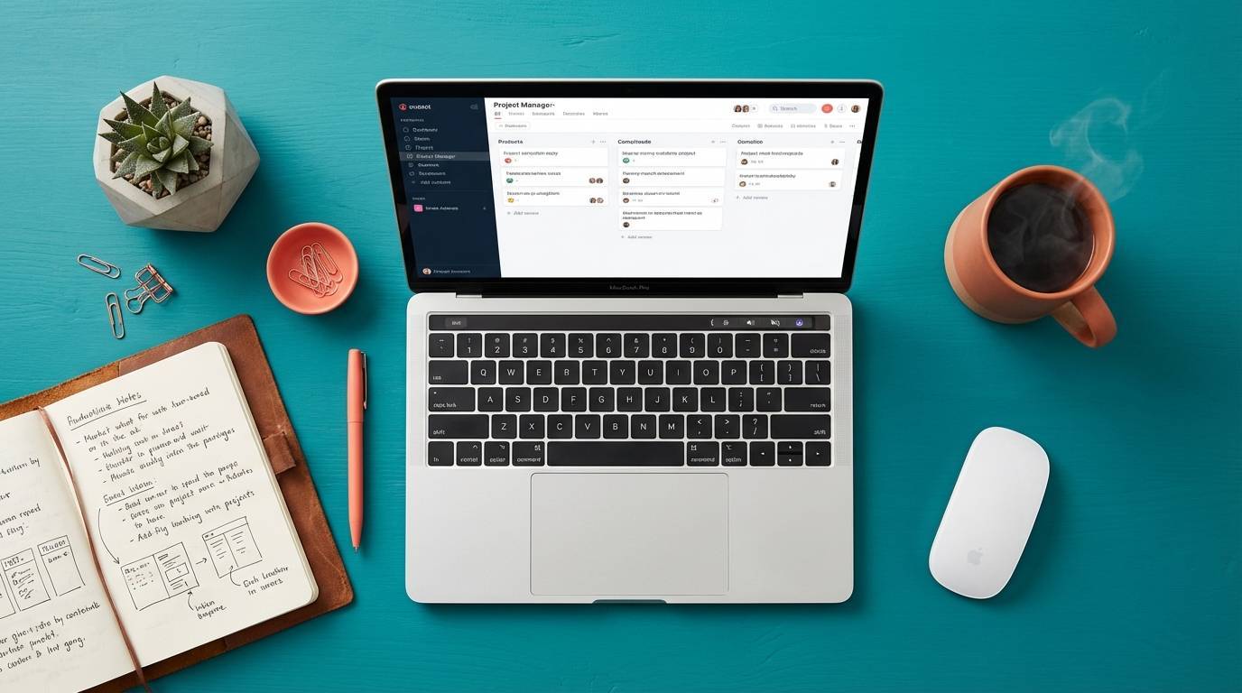 Flat lay productivity setup for Instagram showing laptop notebook and coffee