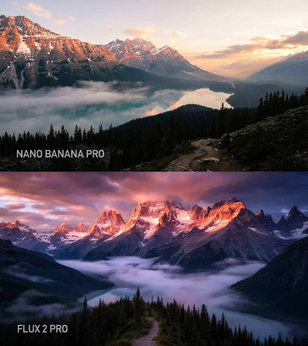 Mountain landscape comparison showing FLUX.2 atmospheric rendering versus Nano Banana Pro structural clarity