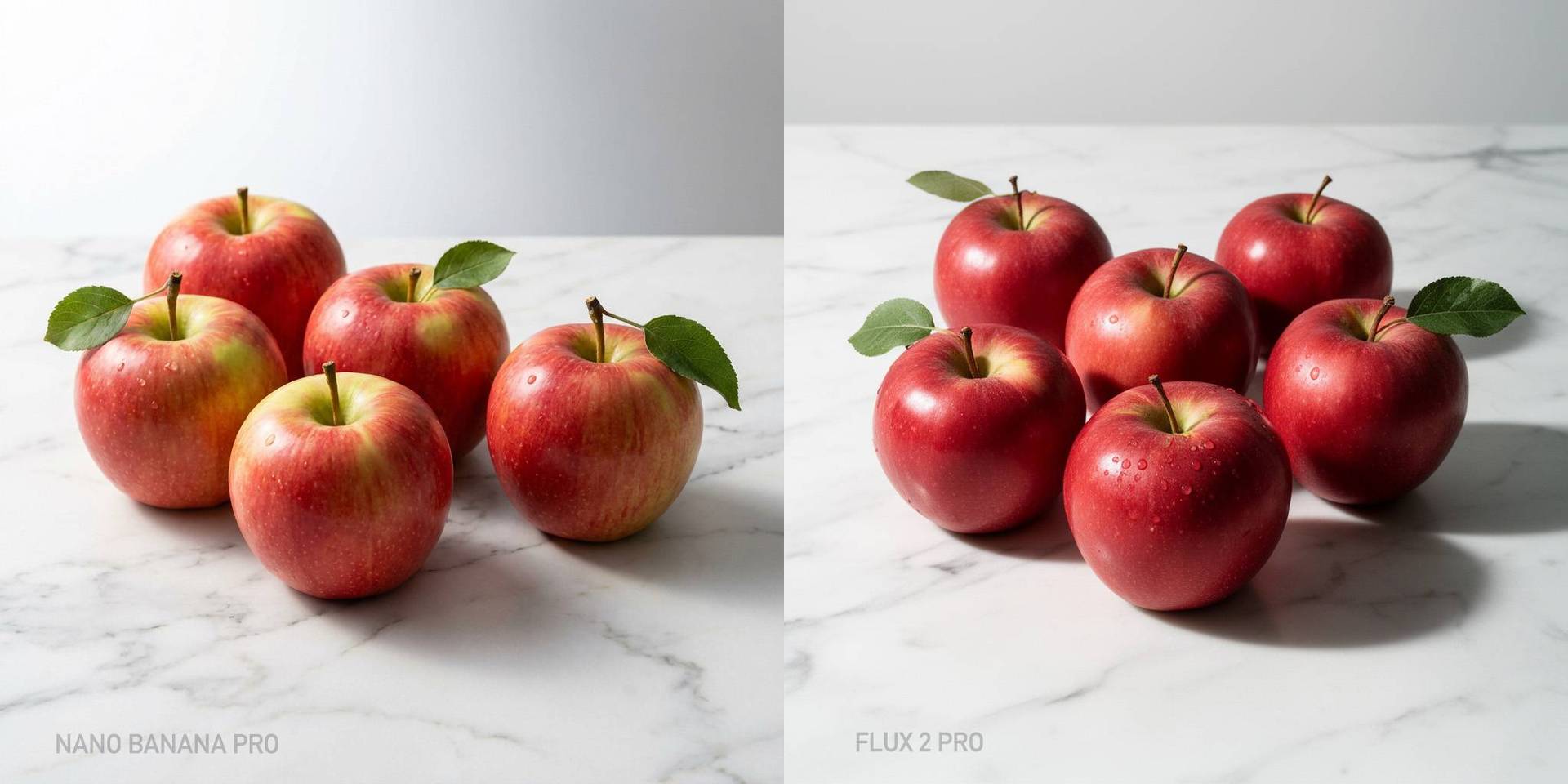 Apple arrangement comparison demonstrating numerical accuracy between FLUX.2 and Nano Banana Pro