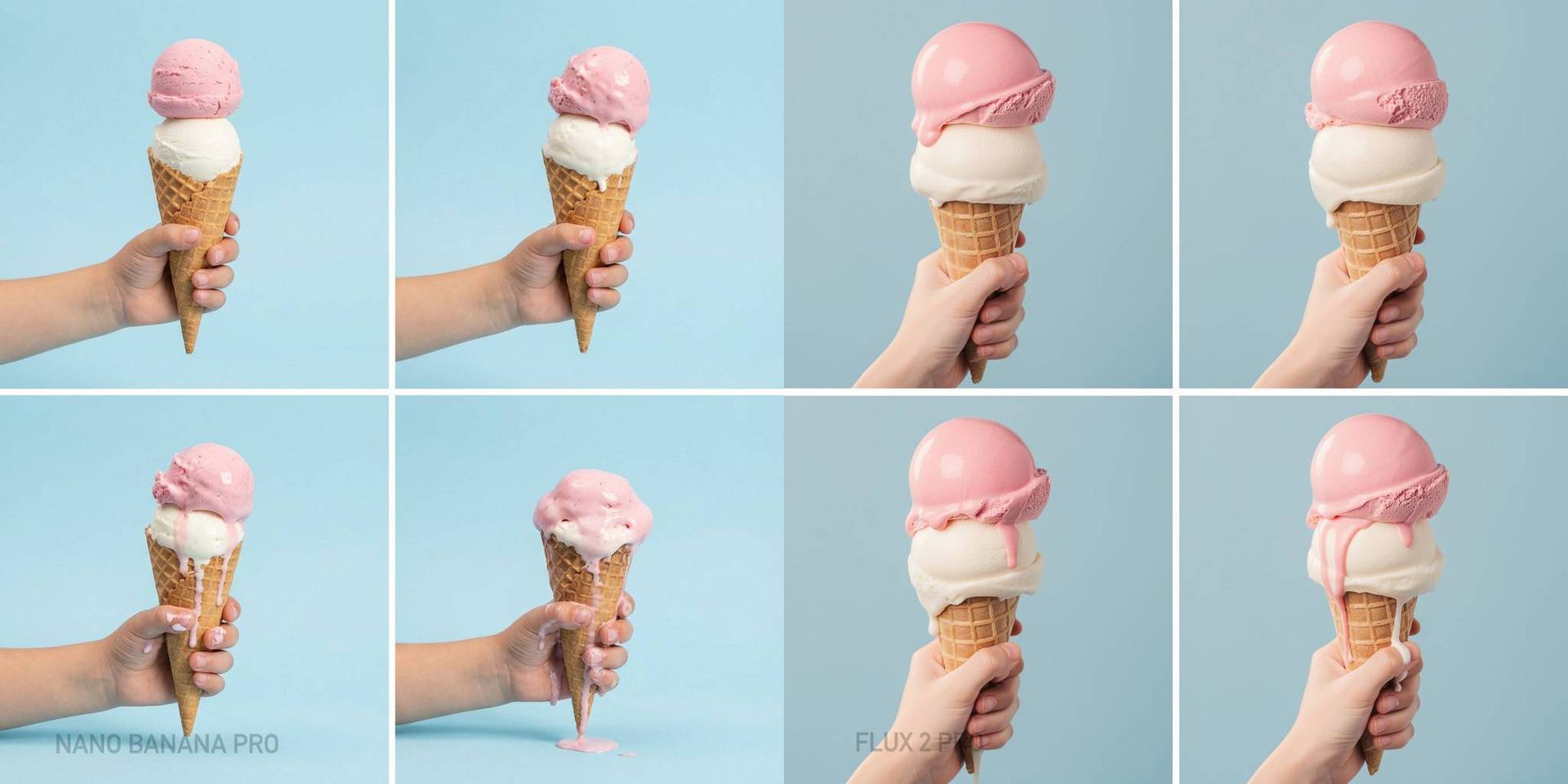 Ice cream melting sequence comparison showing time progression accuracy between models