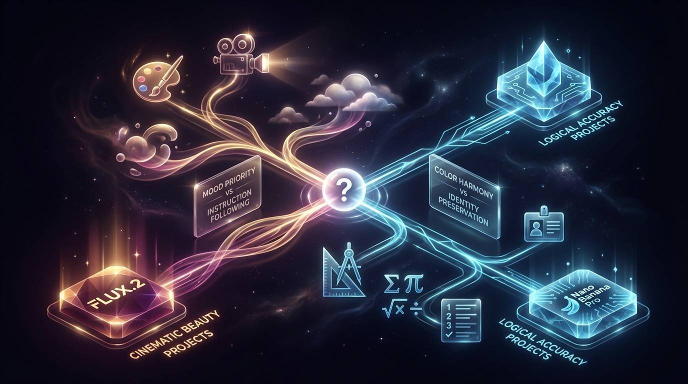 Decision guide flowchart helping choose between FLUX.2 and Nano Banana Pro based on project needs