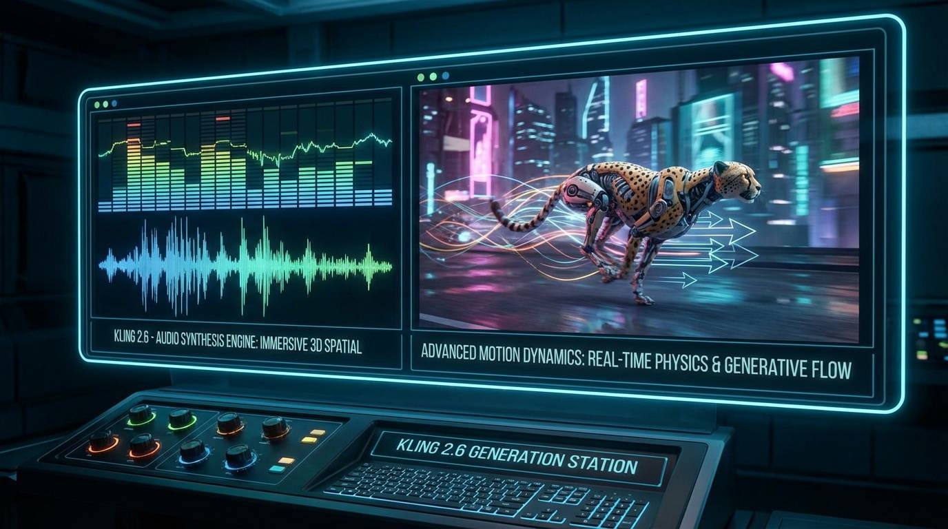 Kling 2.6 AI video generation visualization showing advanced motion and audio capabilities