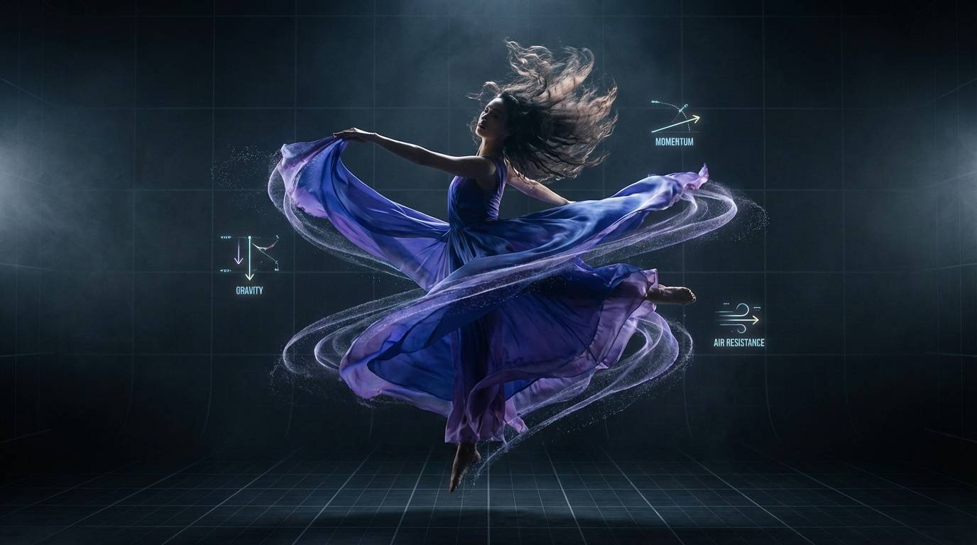 AI motion physics visualization showing realistic cloth, hair, and movement simulation