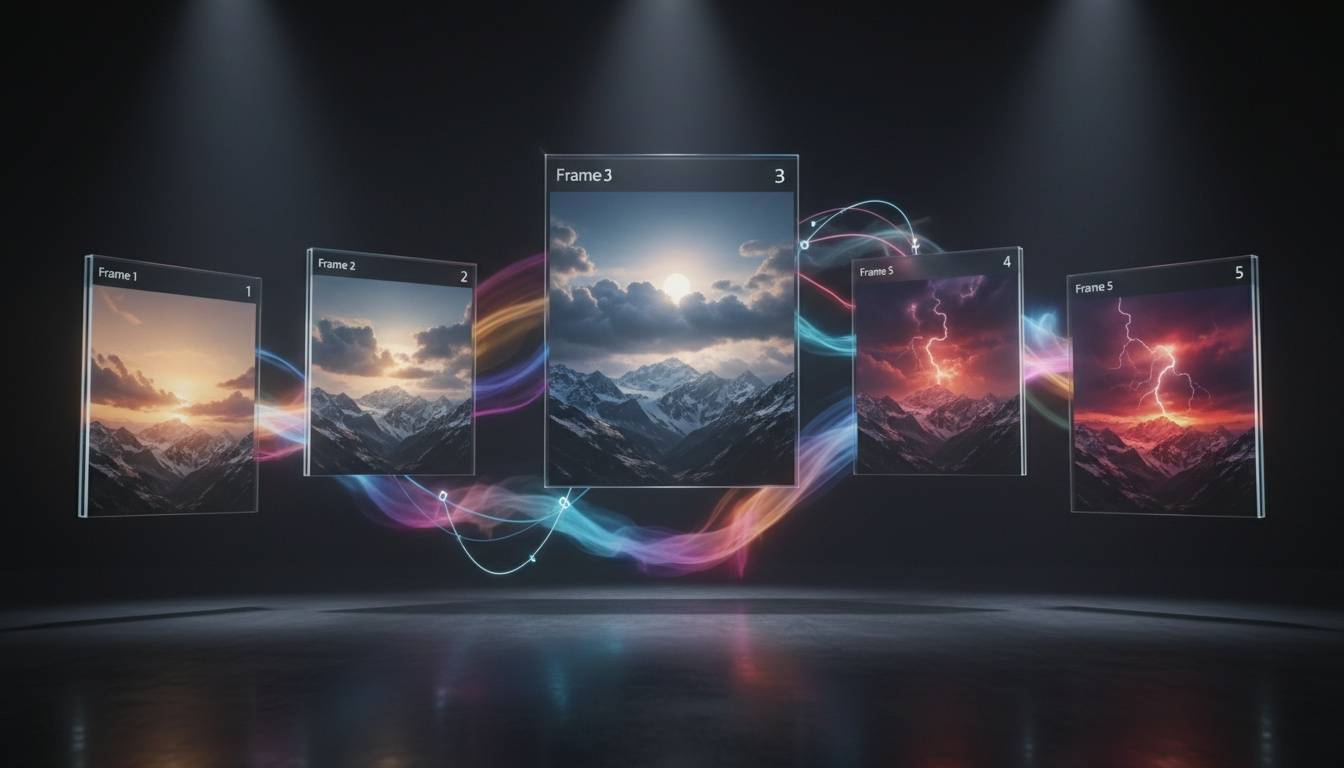 Keyframe interpolation visualization showing smooth AI-calculated transitions between anchor frames