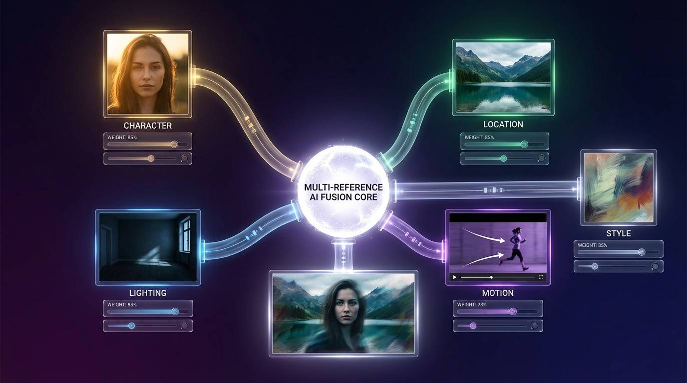 Multi-reference fusion diagram showing how AI combines character, location, lighting, motion, and style inputs