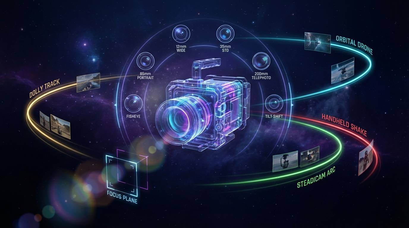 AI camera control visualization showing lens selection, movement paths, and cinematic effects