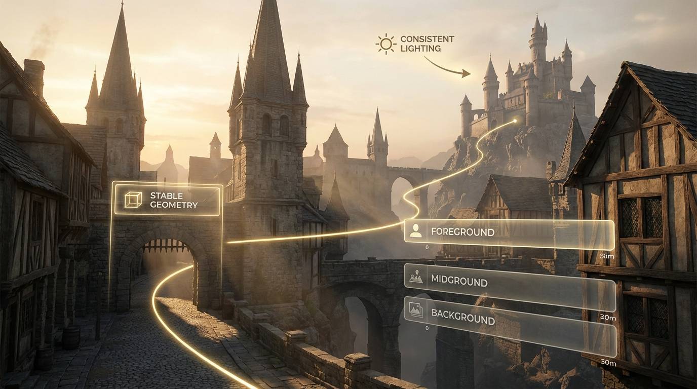 Scene coherence visualization showing stable architecture, lighting, and depth during camera movement
