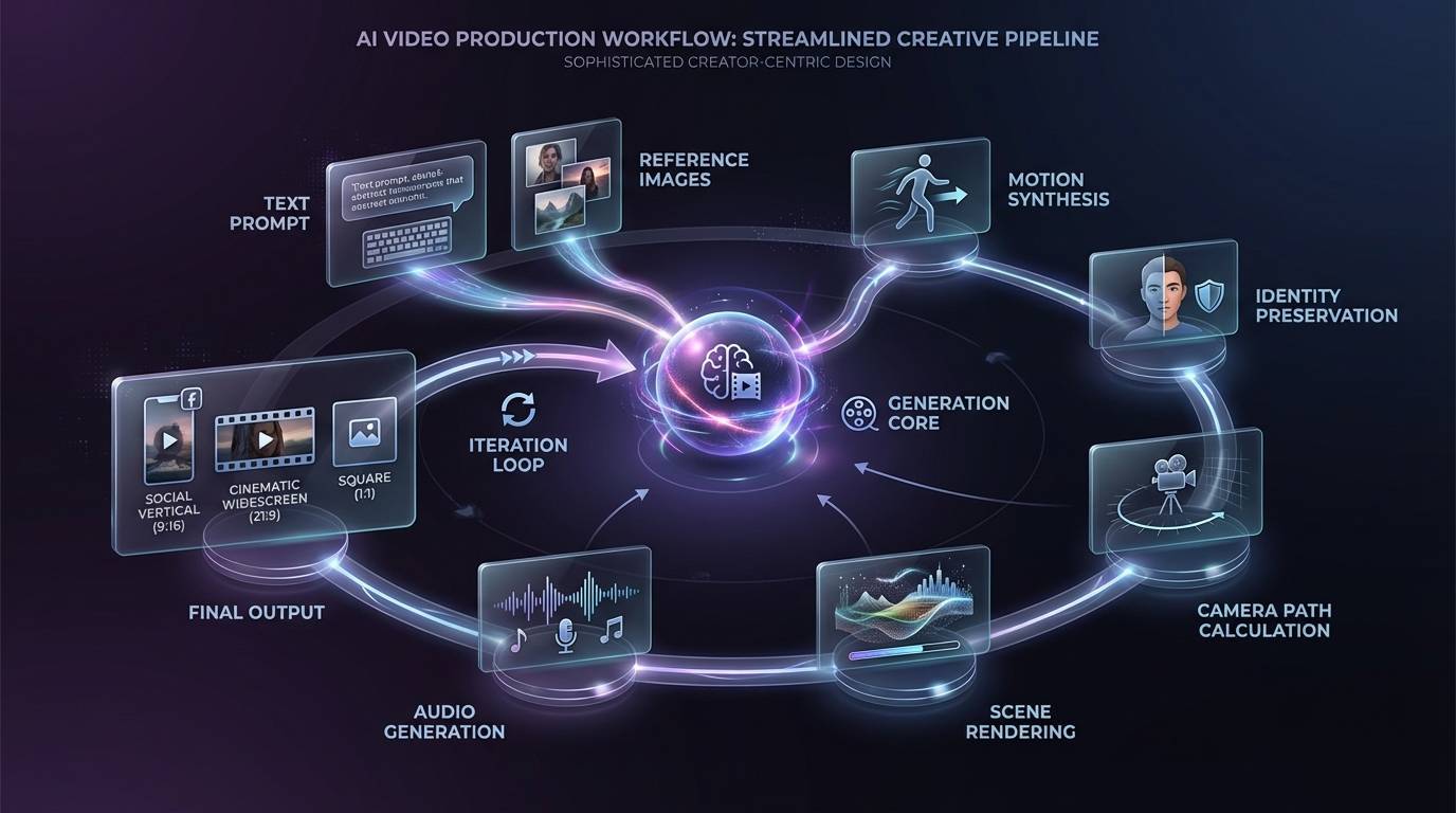 Complete AI video production workflow showing generation pipeline from input to final output