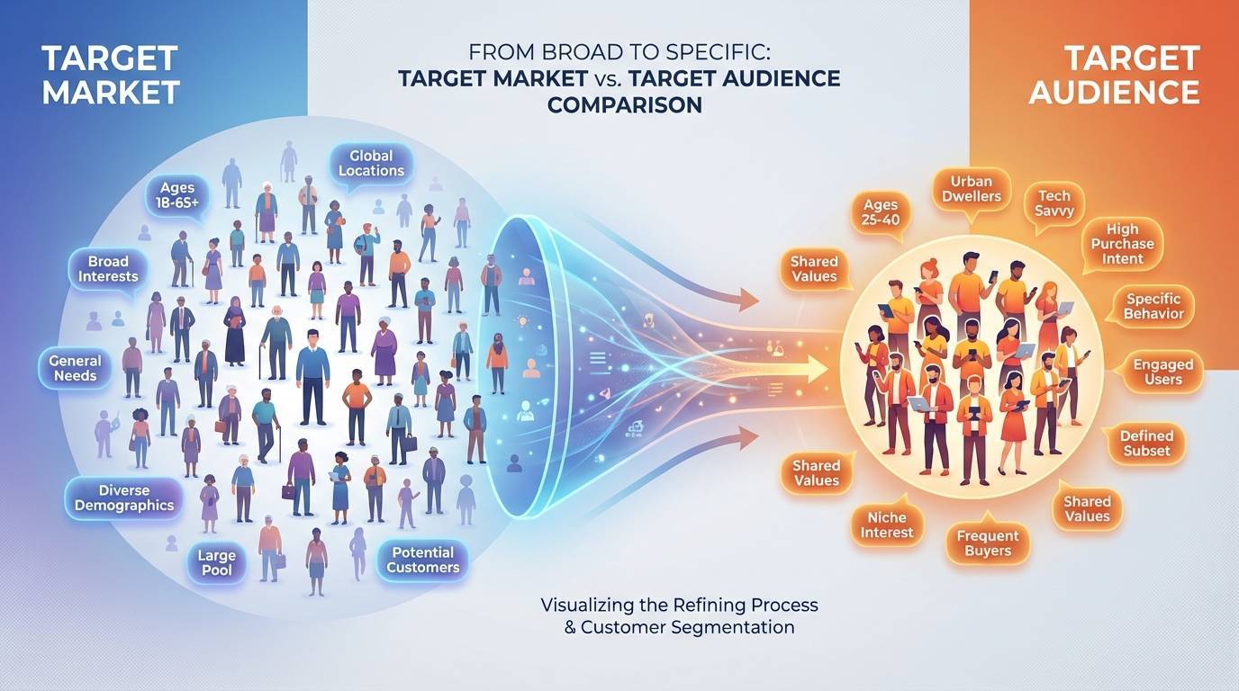 Side-by-side comparison diagram showing target market versus target audience with visual funnel effect