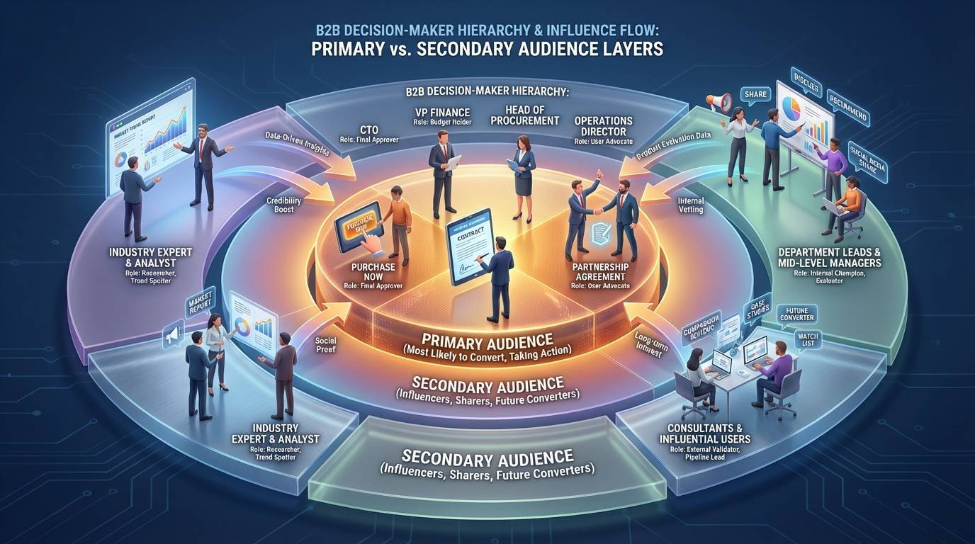Concentric circles showing primary audience at core surrounded by secondary audience ring with influence arrows