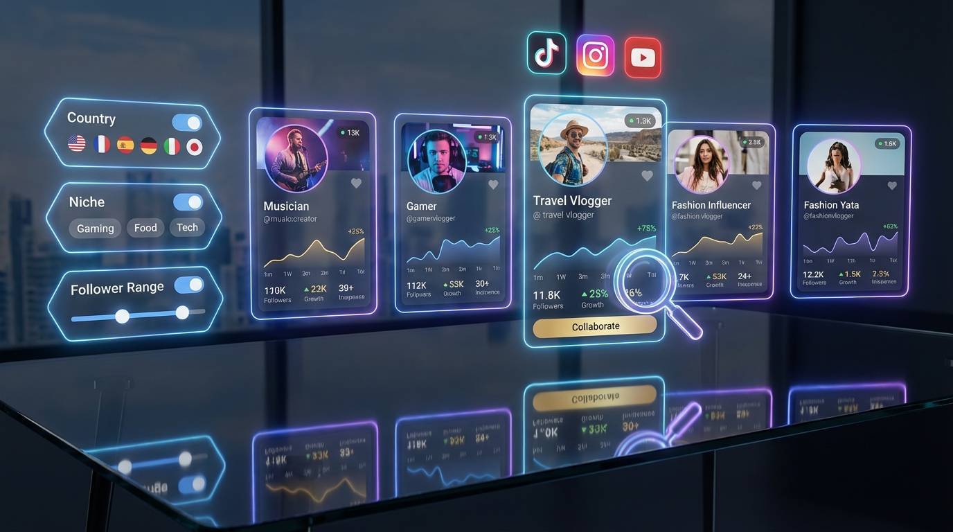Creator discovery process showing profile analysis and selection across social platforms