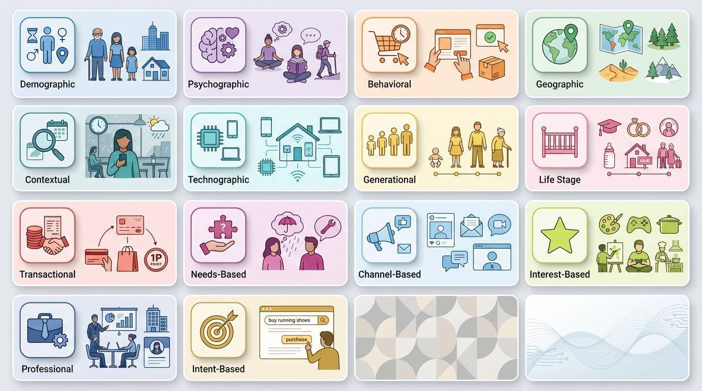 Grid showing 14 audience segmentation types with distinctive icons and visual examples for each