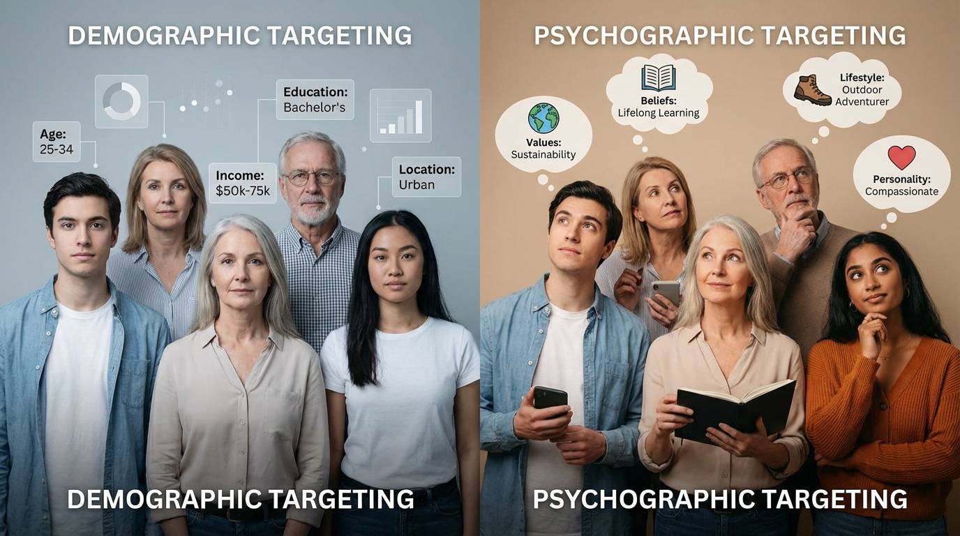 Deep dive comparison showing demographic versus psychographic targeting approaches