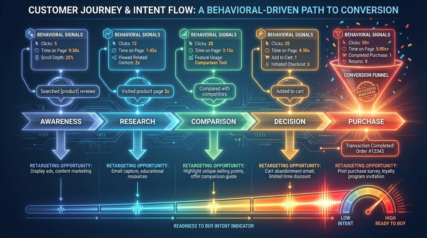 Customer journey visualization showing behavioral and intent signals at each stage