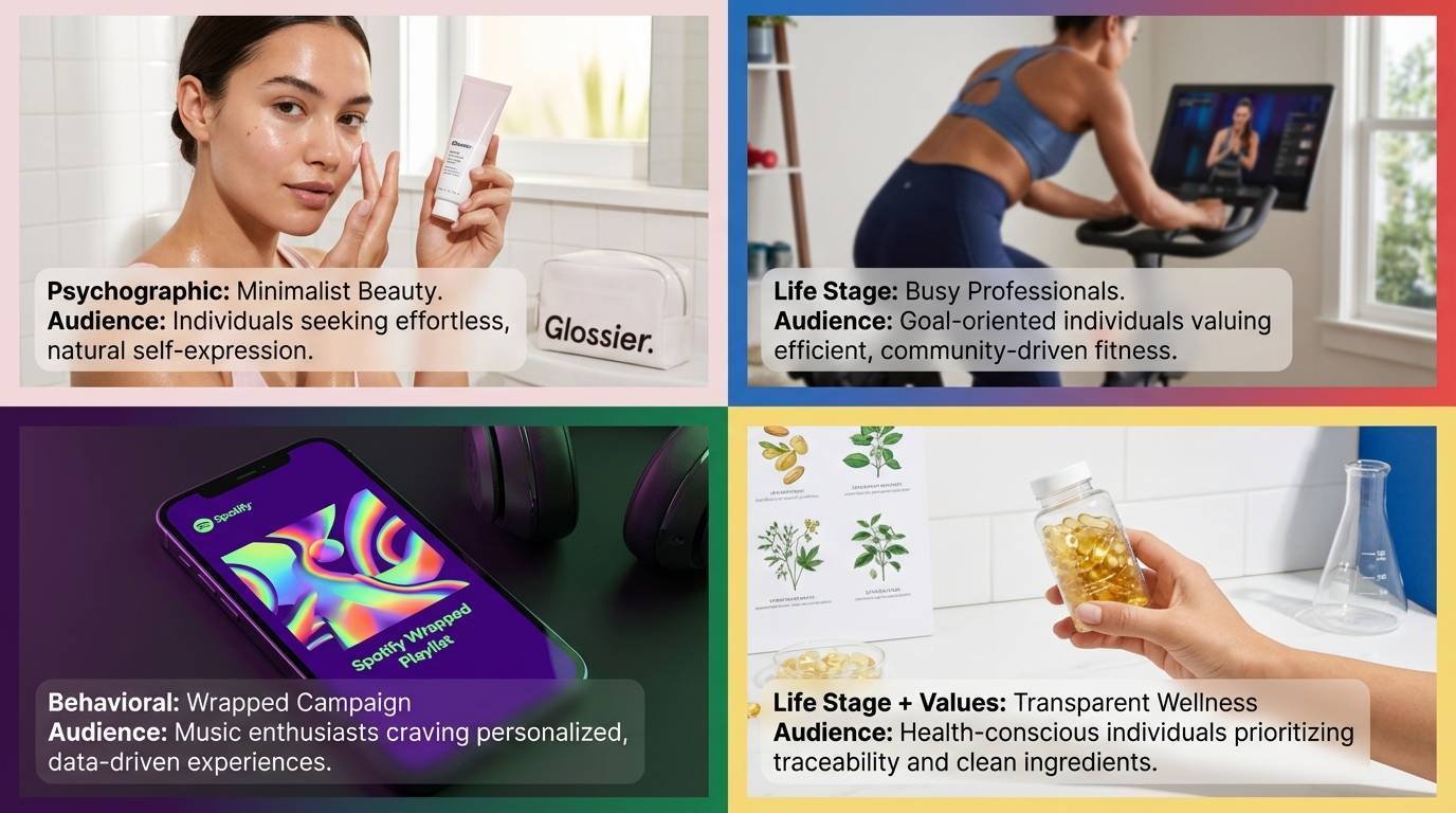 Case study grid showing Glossier, Peloton, Spotify, and Ritual with their targeting approaches