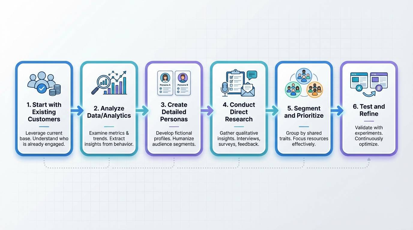 Flowchart showing audience identification process from existing customers to refined segments
