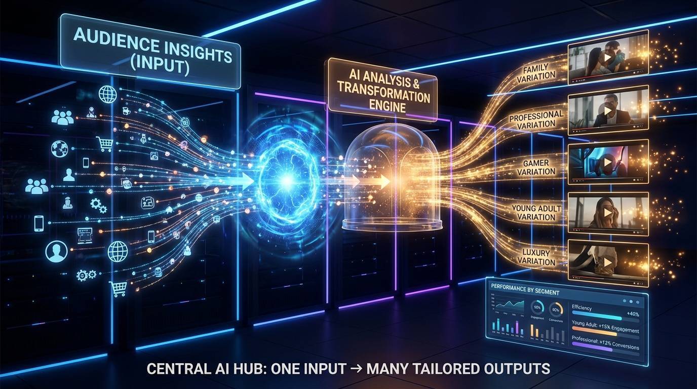 AI-powered audience targeting visualization showing insights flowing into personalized content outputs