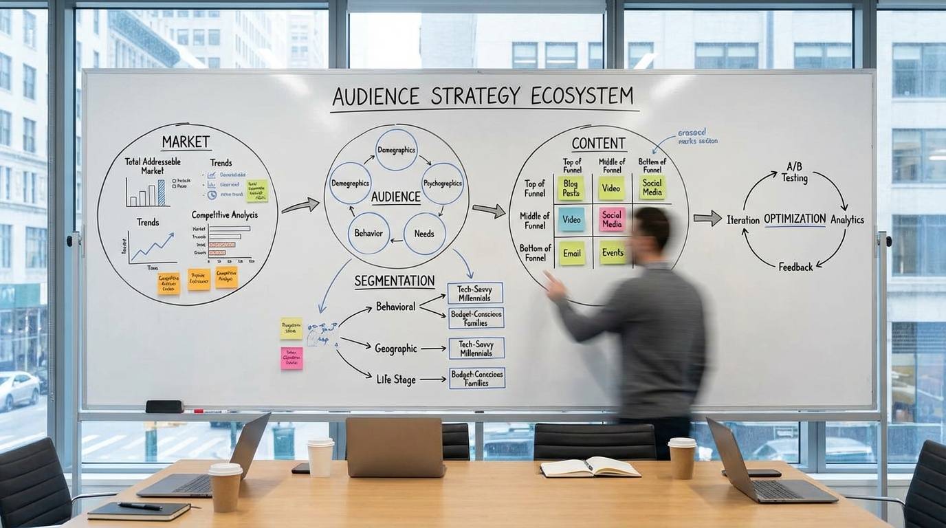 Complete audience strategy ecosystem showing market, audience, segmentation, content, and optimization