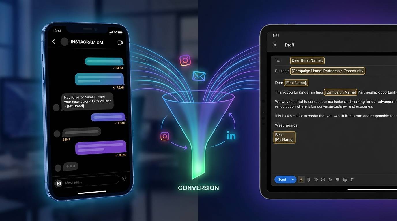 Multi-channel creator outreach showing DM and email communication paths