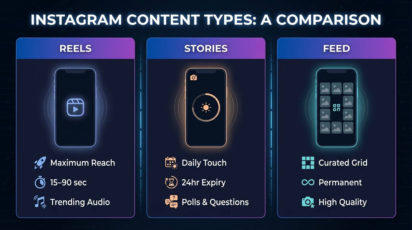Instagram Reels vs Stories vs Feed comparison